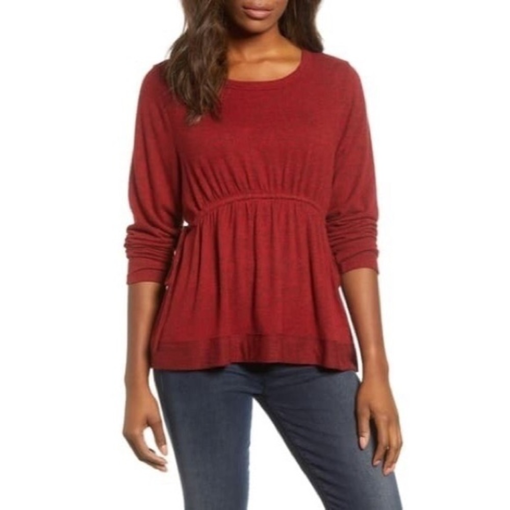 Caslon Rust Res Scrunched Tie Waist Long Sleeve Soft Top Large